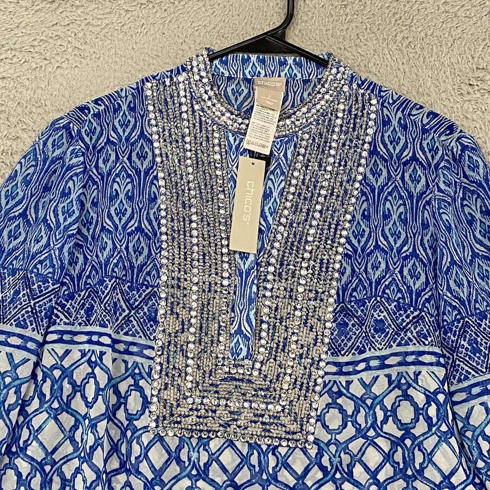 Chicos Beaded Tunic Top Womens 1/M Blue Geometric Sheer Embellished 3/4 Sleeve - Picture 2 of 16